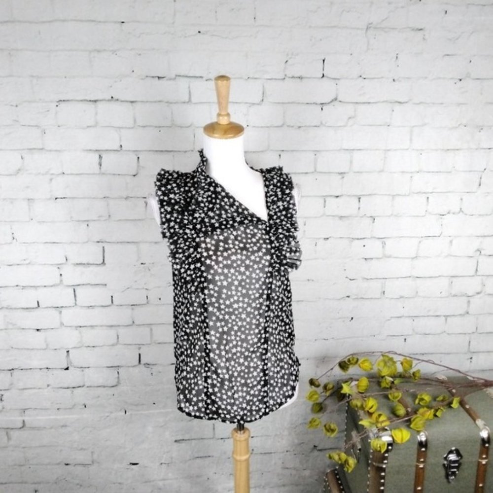 Elan Star Print Ruffled Sleeveless High Collar Top In Black Size Small - Picture 4 of 7